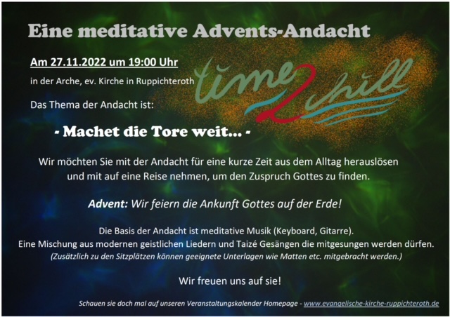 27.11. Time2chill – meditative Adventsandacht in Ruppichteroth